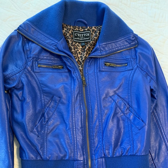 C’ESTTOI Cobalt Blue Faux Leather Jacket - Picture 1 of 8
